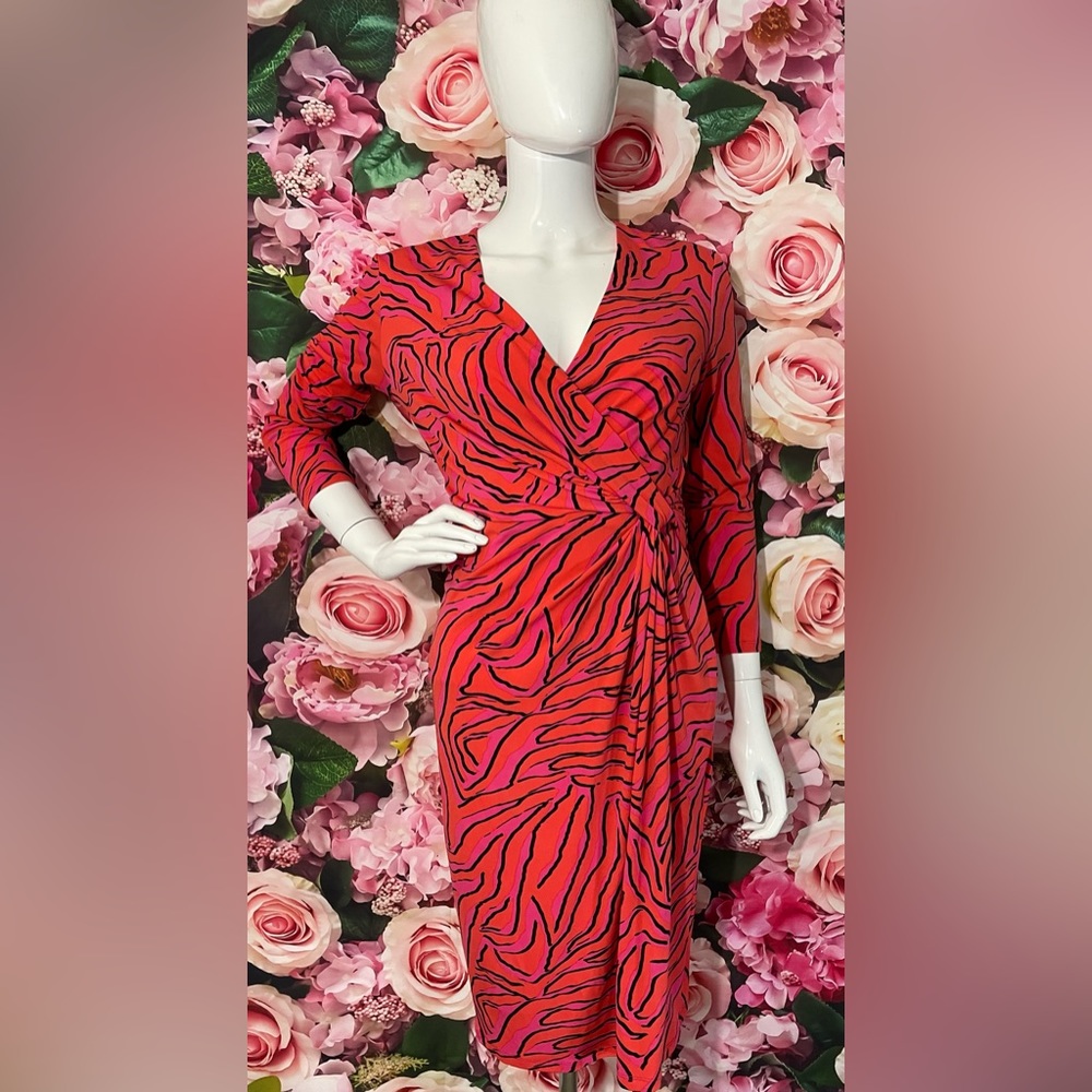Anne Klein Faux Wrap Twist Front Dress Size 4 Pink Orange Stretch Unique